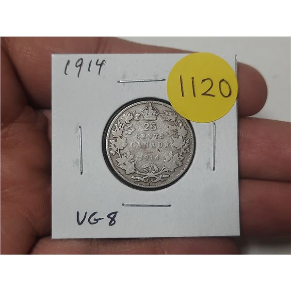 1914 Canadian Silver 25 Cents. Issued during the first year of World War I. VG8.