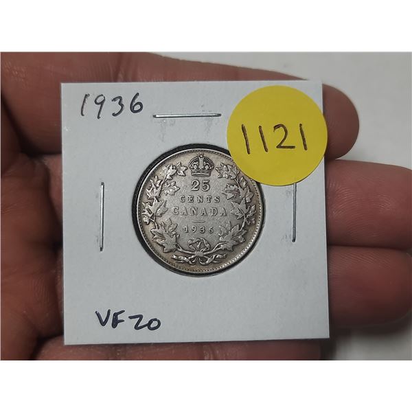 1936 Canadian Silver 25 Cents. Last issue of King George V. VF20.