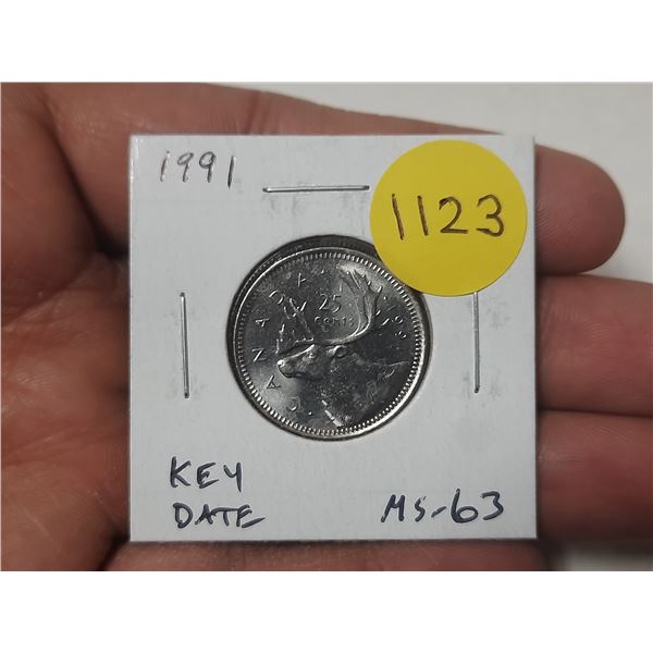 1991 Canadian 25 Cents. Key Date. MS63.