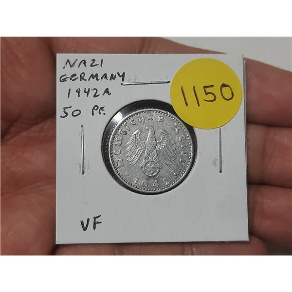 Nazi Germany. 1942A 50 Reichspfennig. Eagle and Swastika. VF.
