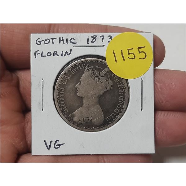 Great Britain. 1873 Gothic Florin. Sterling Silver. VG.