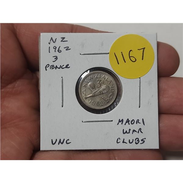 New Zealand. 1962 3 Pence. Maori War Clubs. Uncirculated.