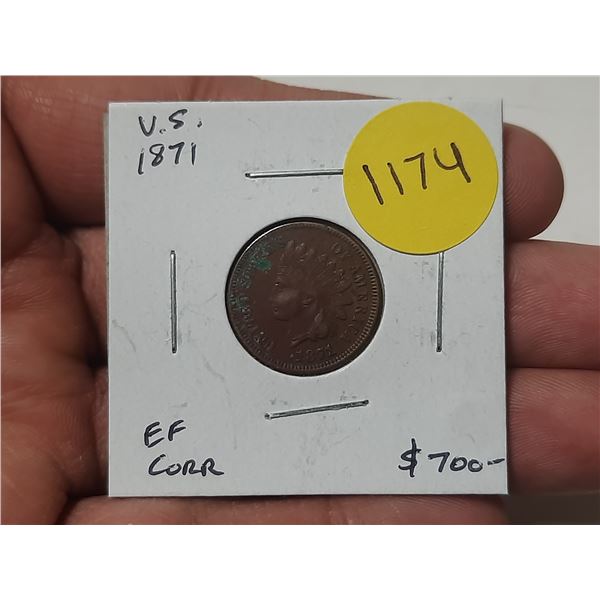 U.S. 1871 Indian Head Cent. Key Date. EF with Corrosion. Retail $700.