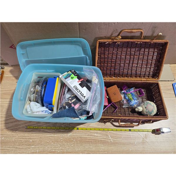 Weave basket and tub full of sewing supplies