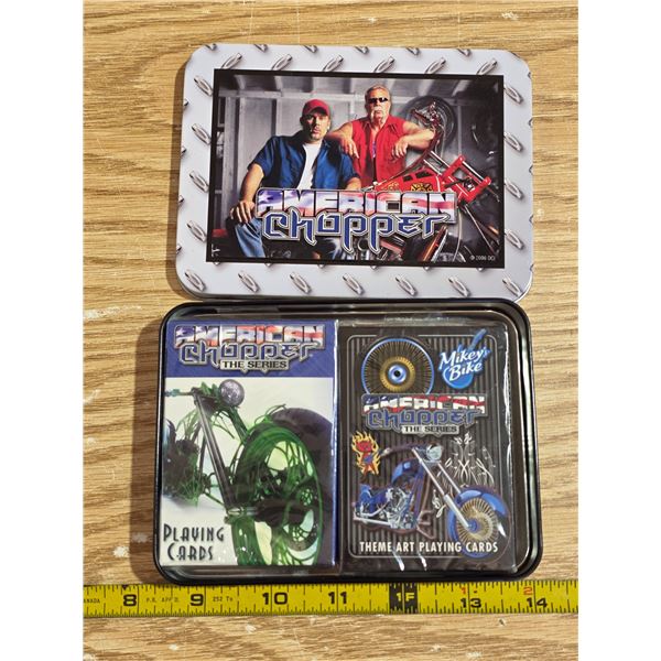 2 decks of cards and tin- American chopper