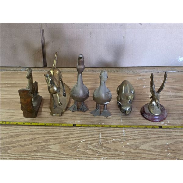 Brass figurines, horses, ducks, cat