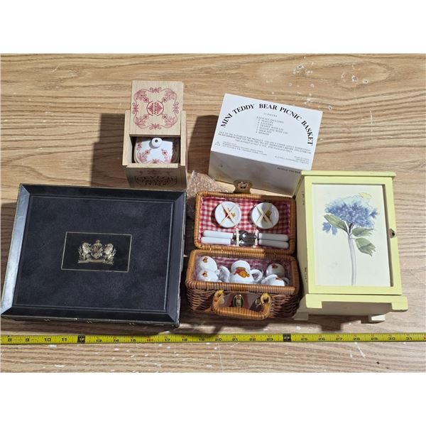 Lot of misc items- teddy bear picnic basket