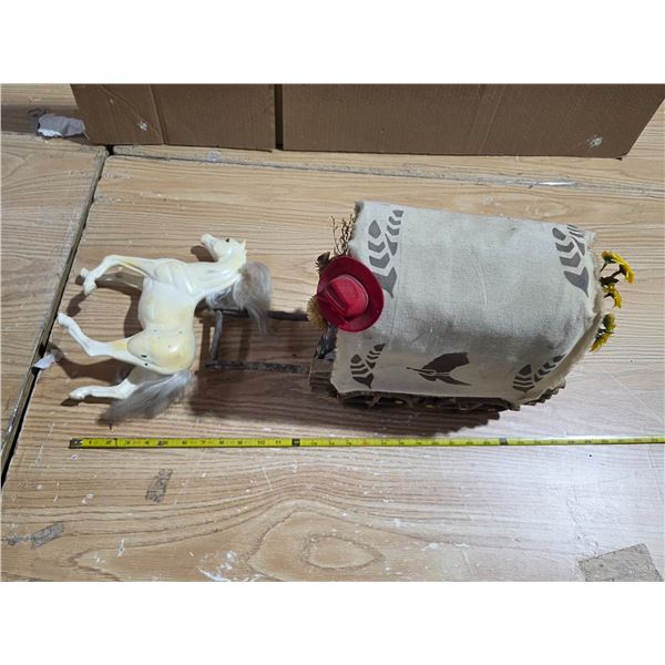 Wood wagon with cloth top and plastic horse