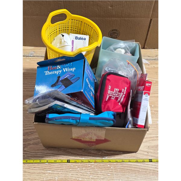 Lot of first aid items and knee braces