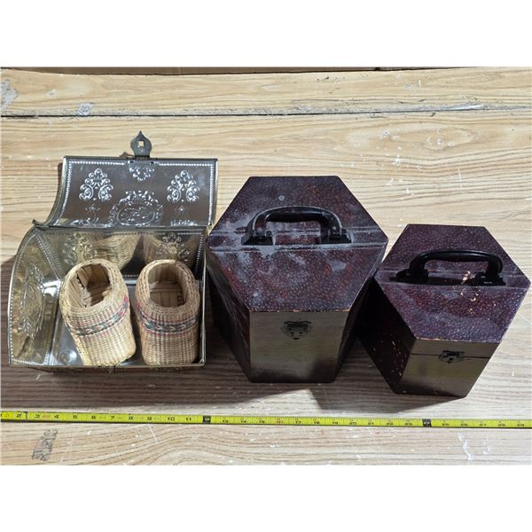 3 storage boxes- and wicker shoes