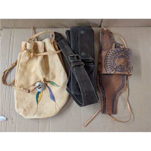 (1) Leather Vintage Bag. Vintage Belt, and Leather Carry Side Arm