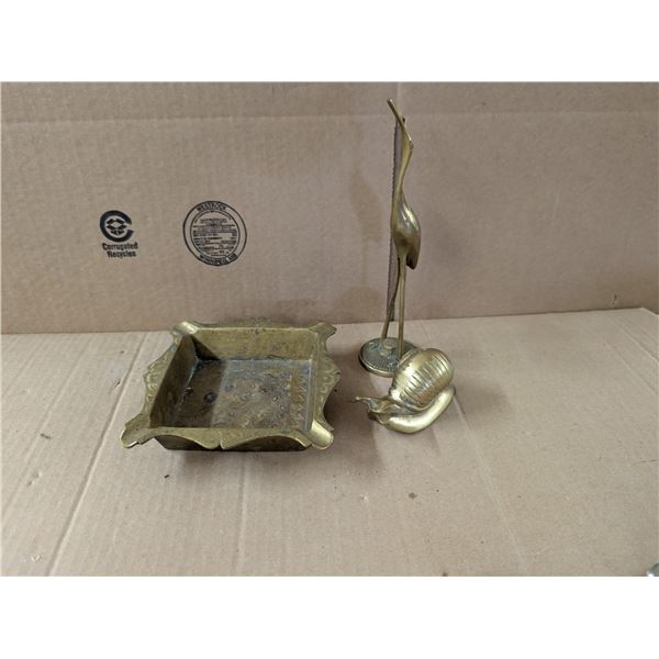 Brass Crane, Snail, and Square Brass Tray (5"x5")