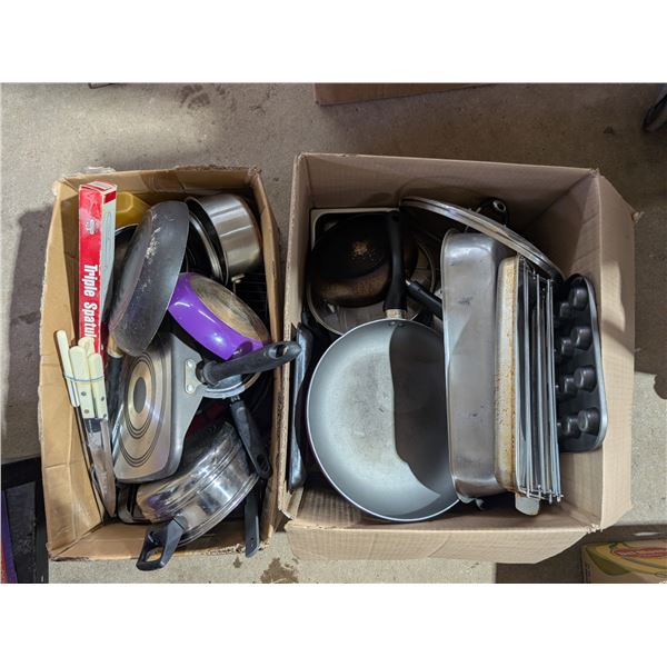(2) Boxes full of Pots, Pans, Knives, and etc. Kitchen Related