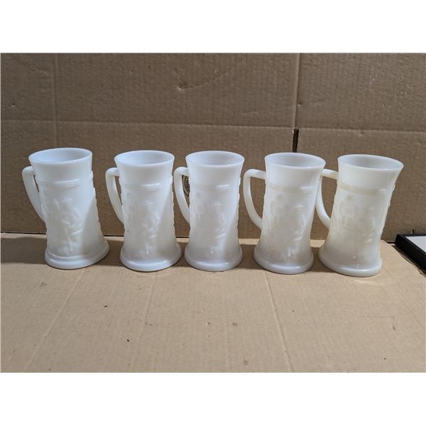 (5) Unmarked Milk Glass Tall Mugs w/ Design 6"H