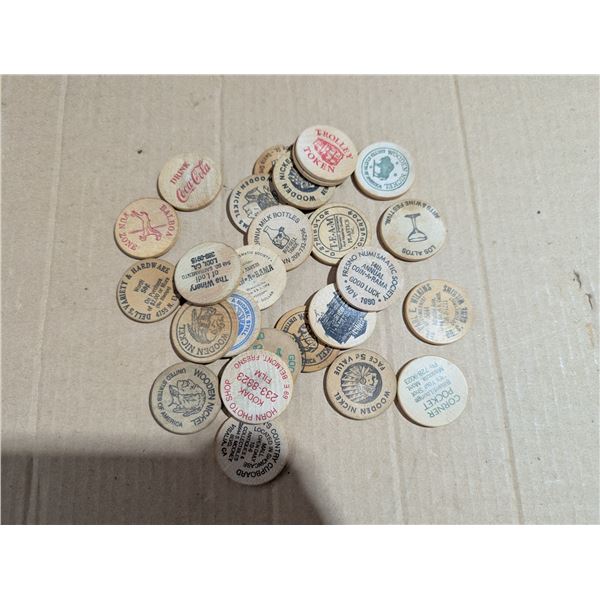 Lot of Vintage Wood nickels, Quarters, Coupons, and etc.)