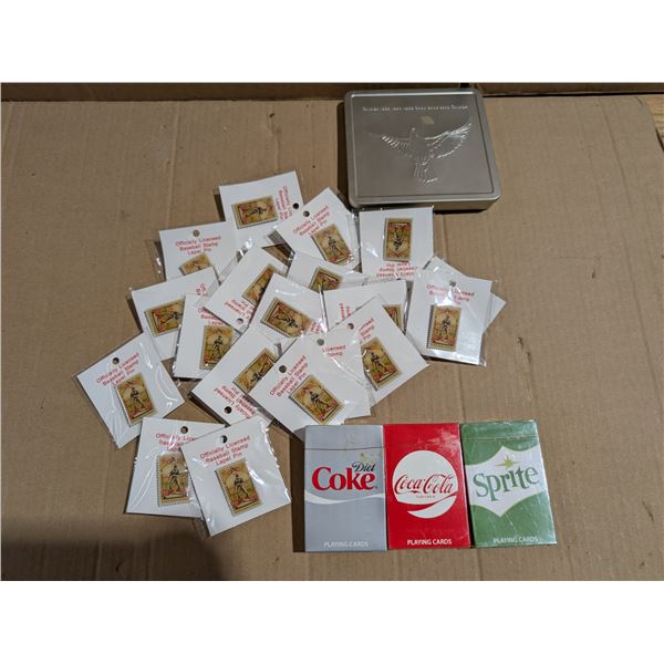 Lot of Baseball Label Pins As Shown, Sealed playing Cards, and New Millennium Post Card Set