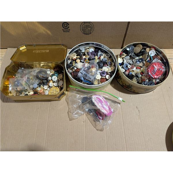 (3) tins Full of Sewing Buttons and Misc. Sewing Items as Shown