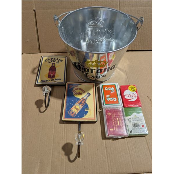 Corona Extra Ice Bucket w/ Sealed Pop Playing Cards, and (2) Vintage pop Coat Hangers