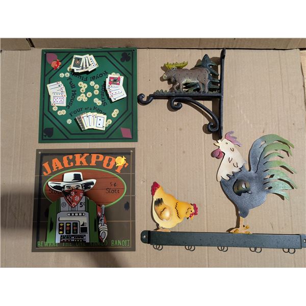 (3) Metal Art Deco Signs W/ 91) Cast Iron Moose Décor
