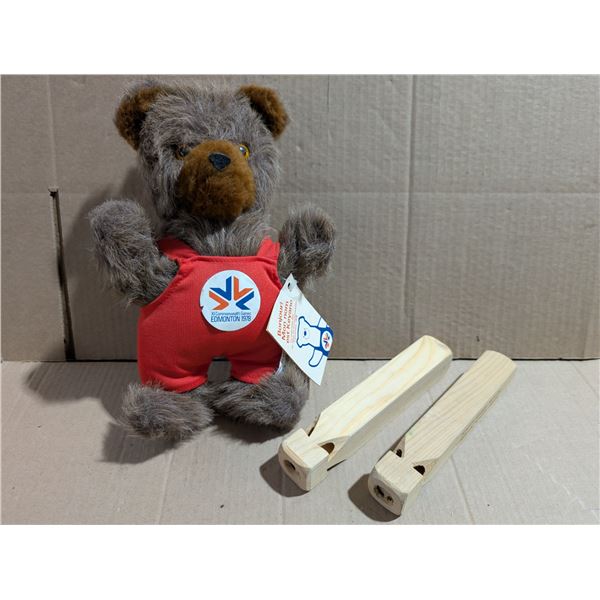 Vintage 1978 XI Commonwealth  Games Edmonton teddy Bear and (2) Vintage Railway Wood Train Whistles
