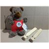 Image 1 : Vintage 1978 XI Commonwealth  Games Edmonton teddy Bear and (2) Vintage Railway Wood Train Whistles