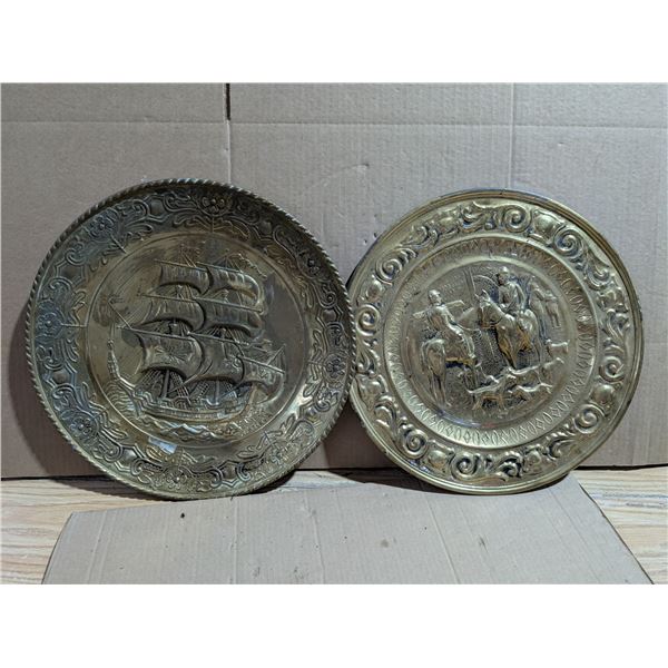 (2) Vintage Made in England Brass Tone Or Coloured Wall Plaques