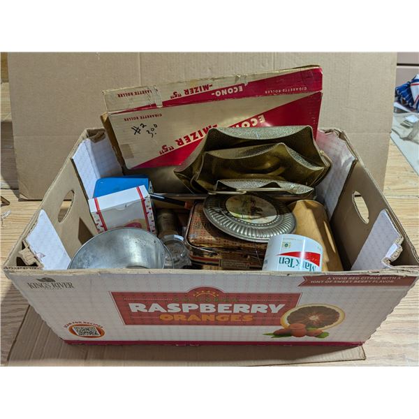 Box of Vintage Items (Econo-Mizer, pail, Tins, and etc.)