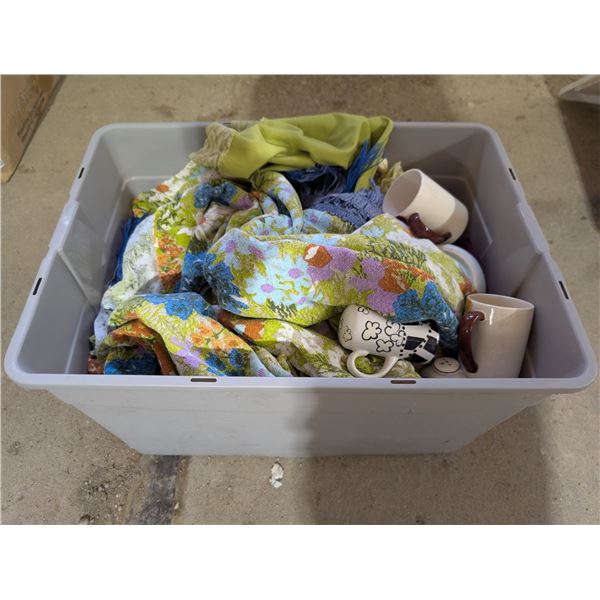 Storage Tub w/ Misc. Fabric. S+P Shakers, Mugs, and etc.)