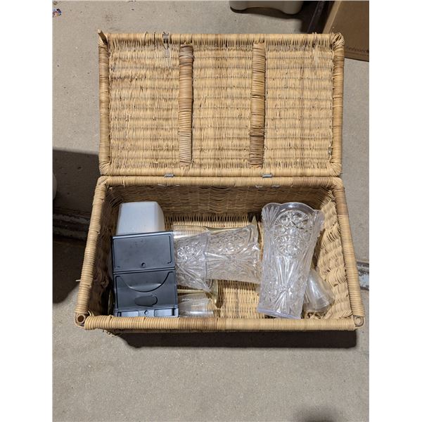 Wood Whicker Basket Box w/ Plastic Vases, and etc. as Shown