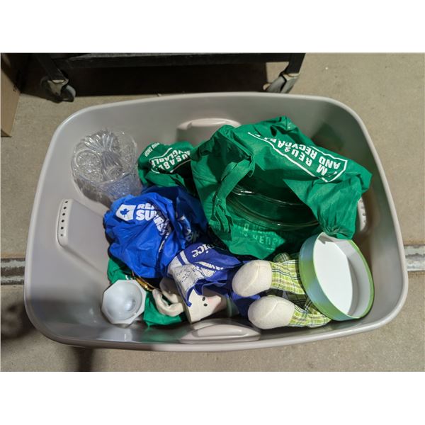 Storge Tub Full of Misc. Crystal Bowls and dishes, (2) Pyrex Dishes, and etc.