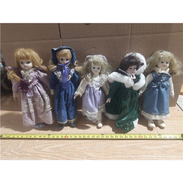 (5) Large vintage-style collectible porcelain dolls with intricate Victorian-inspired outfits.