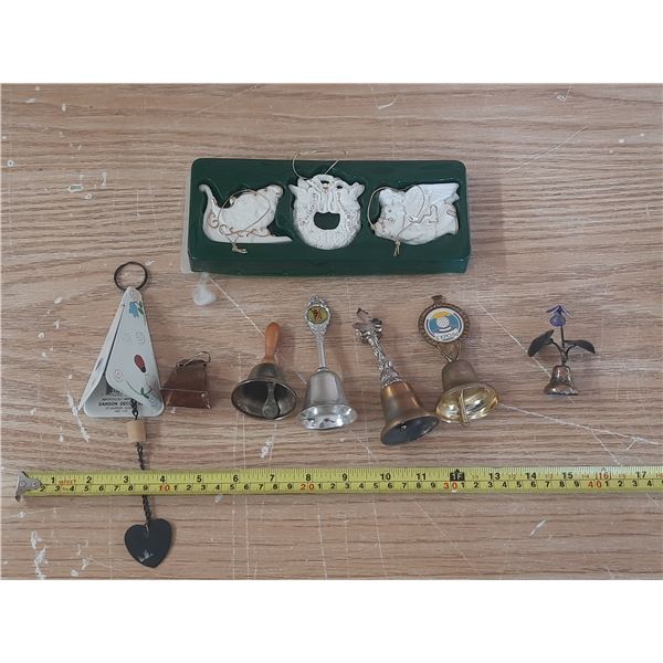 Vintage Avon bisque porcelain Christmas tree ornaments with 24k gold accents and Vintage Bells.
