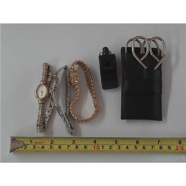 Lot of (3) Women Watches (Untested), Black Whistle and Grooming Scissors.