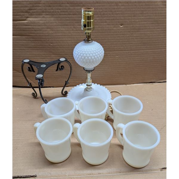 Box of (6) Fire king milk glass Mugs, and Milk glass Lamp (Needs Bulb)