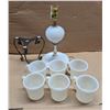 Image 1 : Box of (6) Fire king milk glass Mugs, and Milk glass Lamp (Needs Bulb)