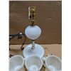 Image 2 : Box of (6) Fire king milk glass Mugs, and Milk glass Lamp (Needs Bulb)