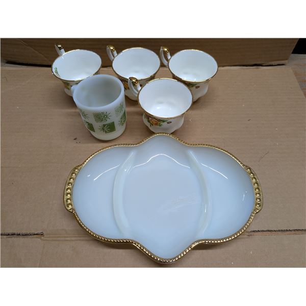 Fire king Milk glass Tray and Mug w/ (4) Royal Albert Tea Cups