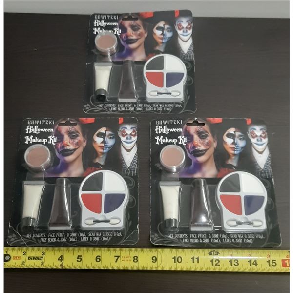 (3) Bowitzki Halloween Makeup Kit containing face paint, fake blood, liquid latex, and scar wax. (Ne
