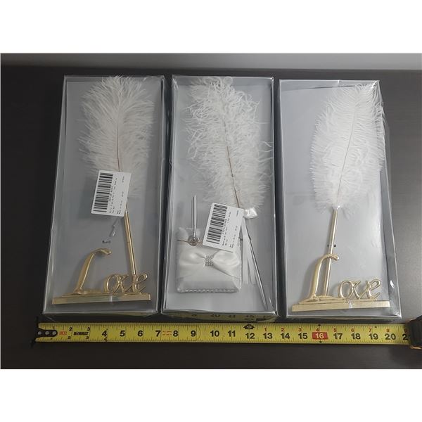 (3) Wedding feather signing pens with gold colour "Love" sign pen stand holders. (New)