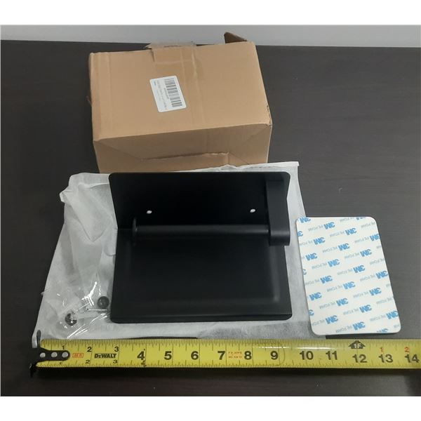 Matte Black, wall-mounted bathroom toilet paper holder featuring an integrated storage shelf for pho