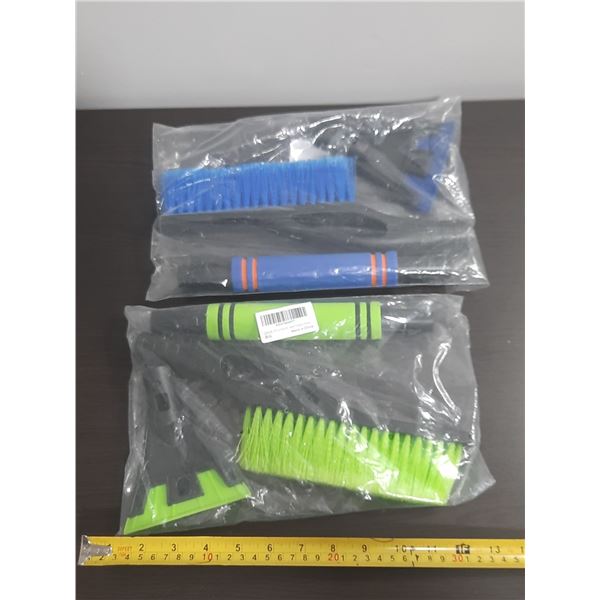 (2) Extendable car snow brushes and ice scrapers in blue and green. (New)