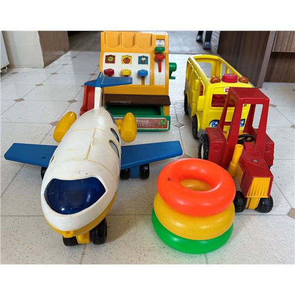 Vintage Fisher Price Toys (4). Bus, Plane, Tractor, Cash Register (no coins).
