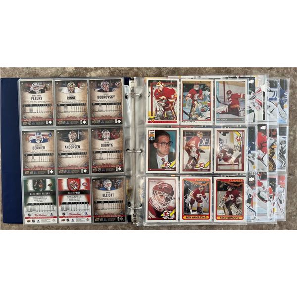 Hockey card binder of Goalies. 20 pages. 180 different cards. Mixed Brands. Mixed Years. Flames. Tim