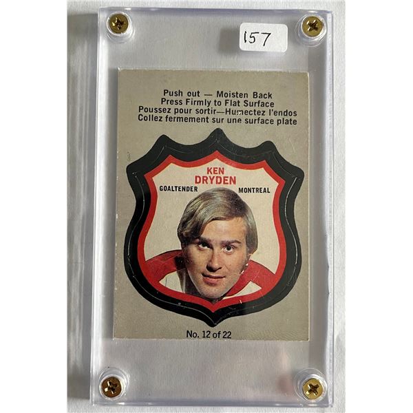 Ken Dryden O-Pee-Chee (OPC) Hockey Card Crest from 1972-73. Mint. In glass case. $40 value card in B