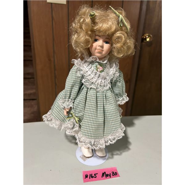 Doll with stand, 12” high, gingham dress with crinoline and bloomers