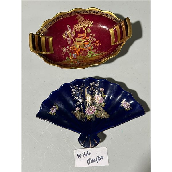 2 small oriental decorative dishes, red one made in England, blue one made in Japan