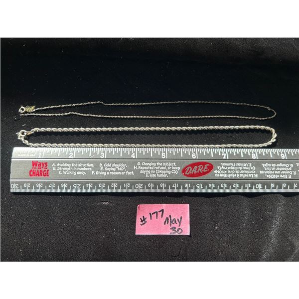 2 – 18” silver chains, well-tarnished.  One needs repair and is marked.  Total wei