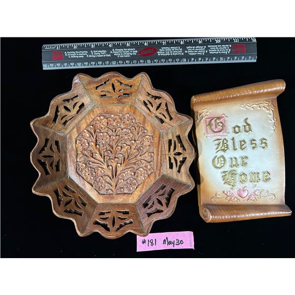 8” woodgrain trinket tray and chalkware decorative scroll