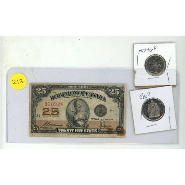 1923 Dominion of Canada 25 Cents Shinplaster, 1973 RCMP and 2023 Canada 25 Cents.