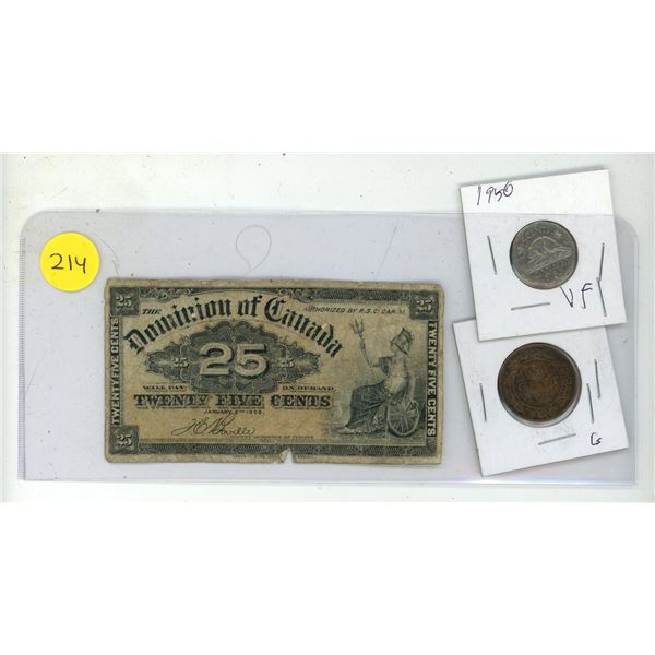 1900 Dominion of Canada 25 Cents Shinplaster, 1900 Canada Large One Cent and 1950 Canada 5 Cents.